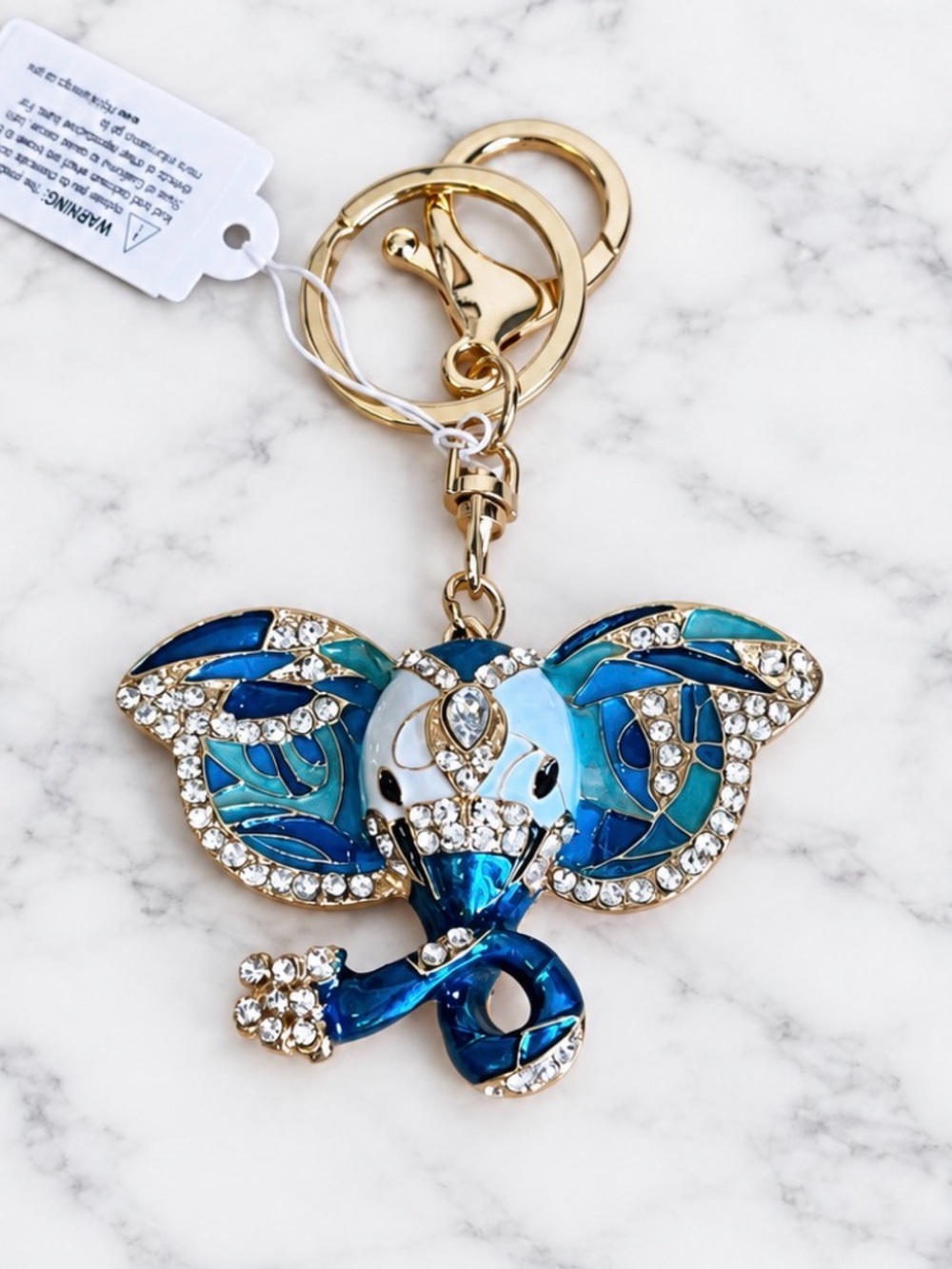 Gold-Tone Blue & White enamel Elephant Bag Charm/Keyring-White crystal accents